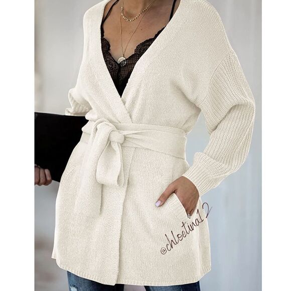 Womens Wrap Tie Waist Cardigan Sweater Long Sleeve Open Front Knitted Coat - Picture 1 of 9